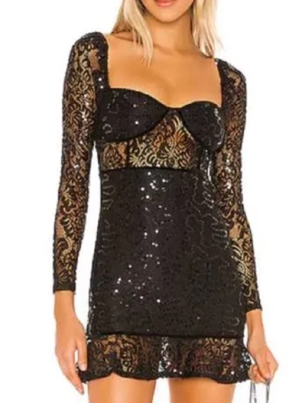 Lovers and Friends XS Black Lace Sequin Long-Sleeve Mini Dress